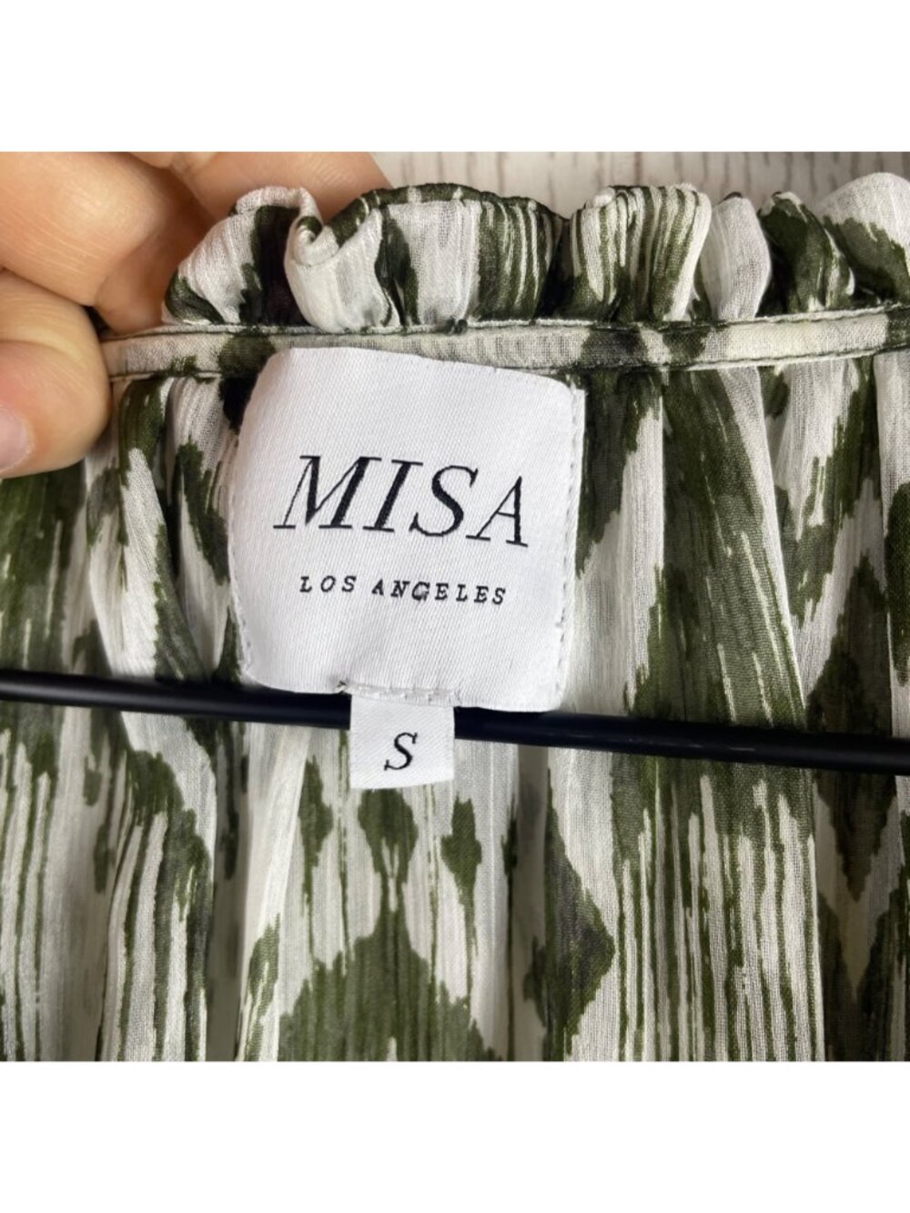 MISA Los Angeles Hadeya Green White Ikat Print Tiered Midi Dress Ruffles Small - Picture 6 of 13